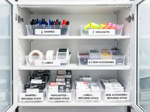 Office supply closet with writing instruments